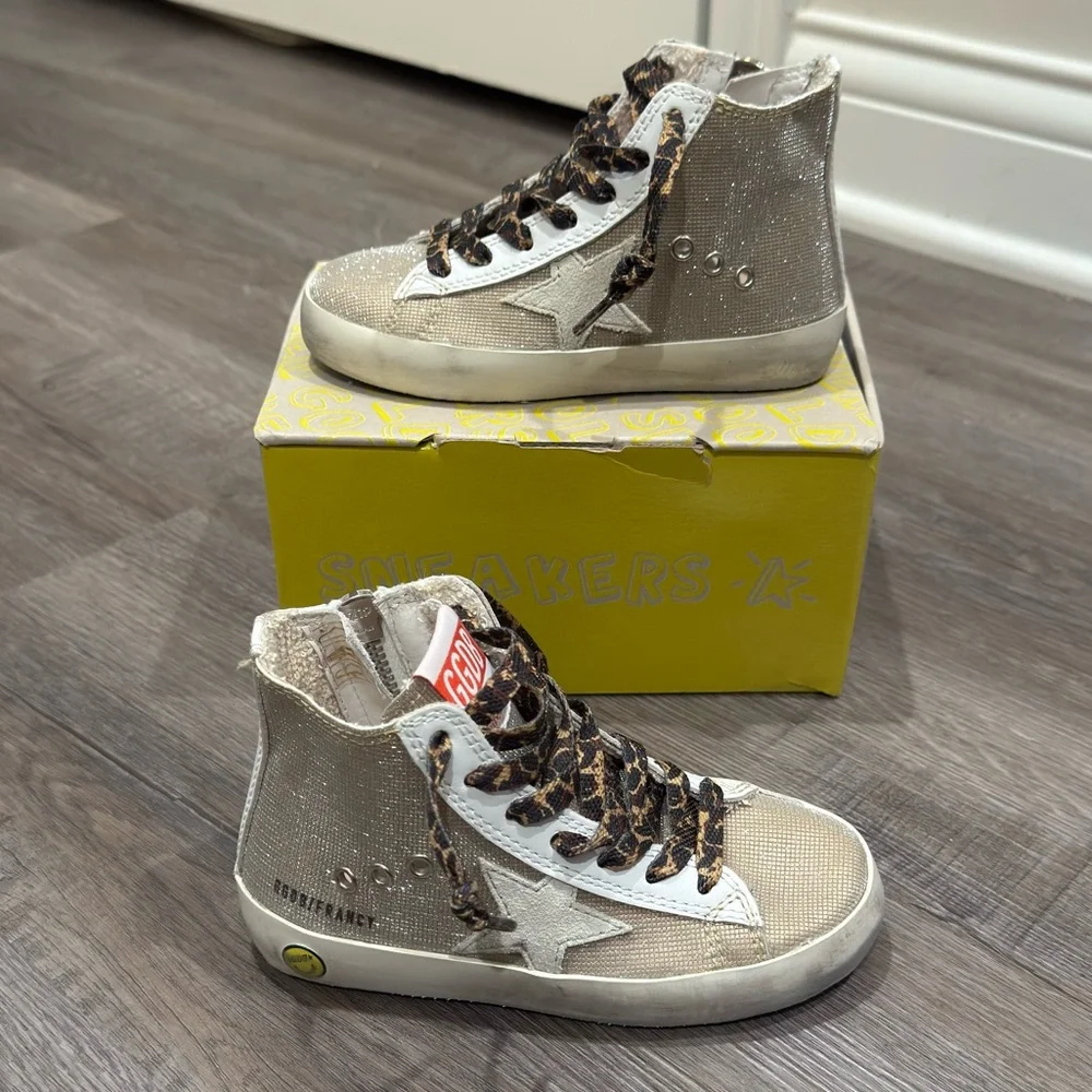Golden Goose Francy Checkered Glitter Upper Leopard Print Laces High Top Sneaker